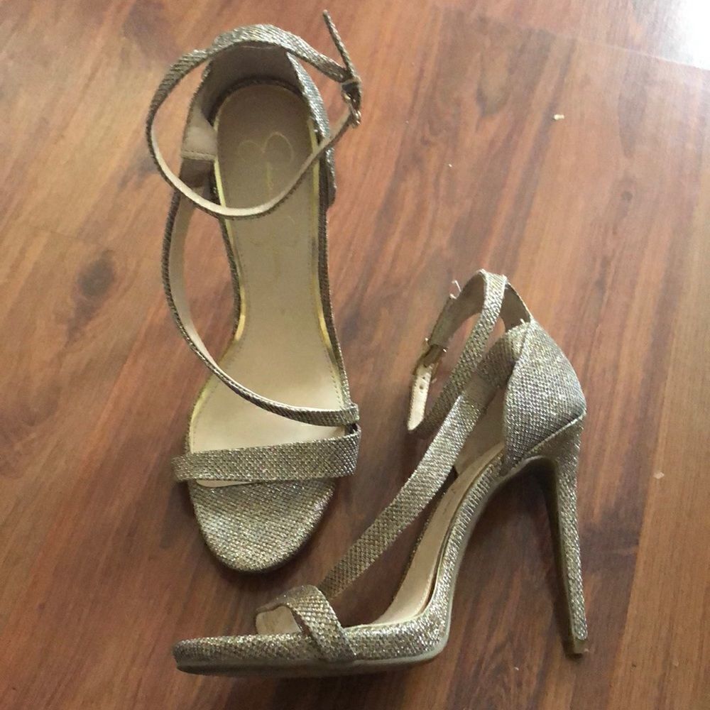 Jessica Simpson gold shimmer strap he platform heels. Size 9.